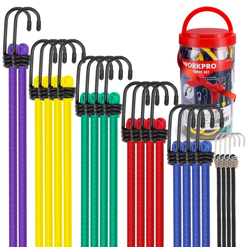 ووركبرو حبال مطاطية شديدة التحمل من WORKPRO للاستخدام الخارجي - 22 قطعة من الحبال المطاطية مع خطافات في علبة تخزين، تتضمن أطوالًا مختلفة: 10 بوصات، 18 بوصة، 24 بوصة، 30 بوصة، 36 بوصة، 48 بوصة، مع خطافات معدنية. - Image 1